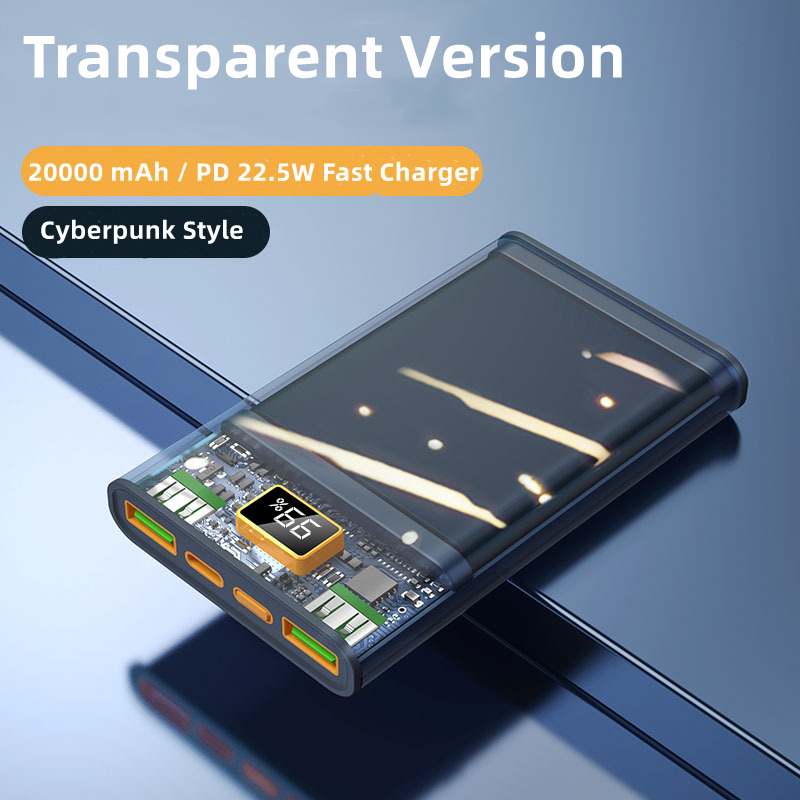 Cyberpunk Transparente Led Cable incorporado 22.5w Pd Carga rápida 10000 20000 Mah Banco Fuente de alimentación móvil 